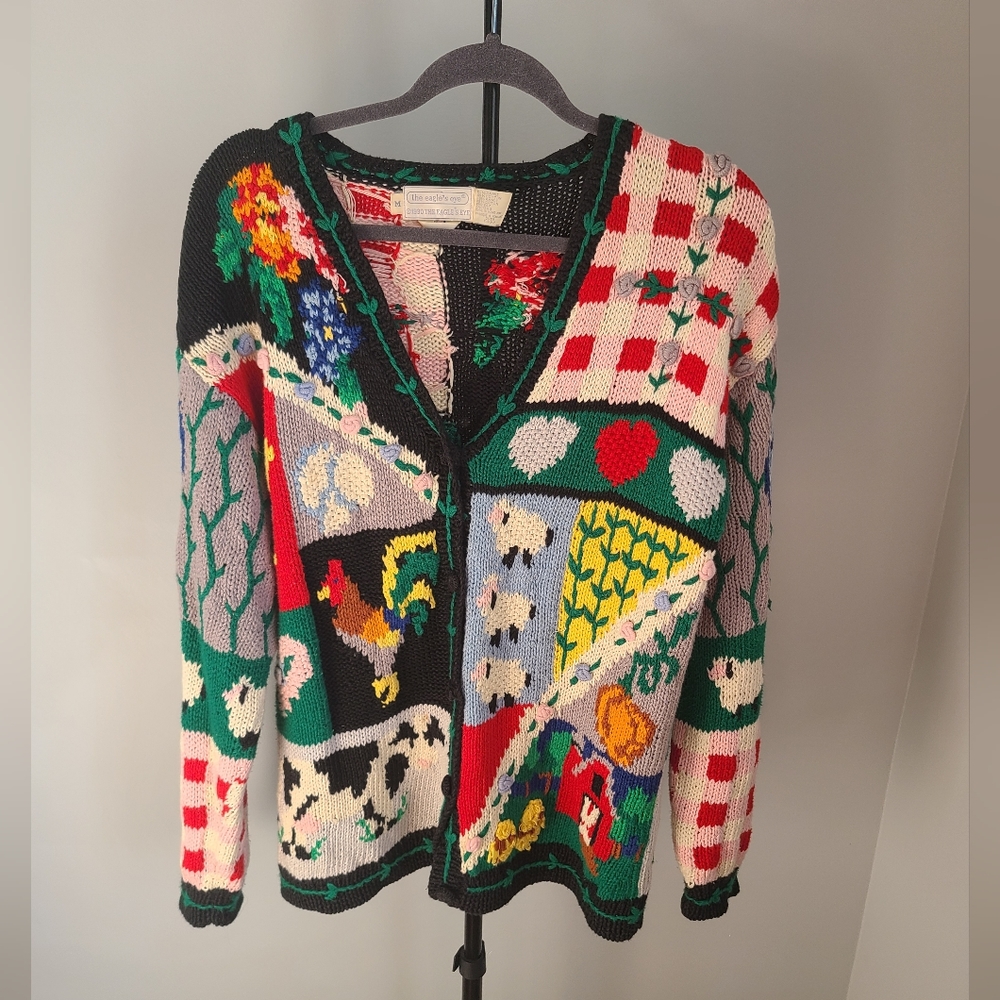 Hand knit animal print multi color sweater vintage